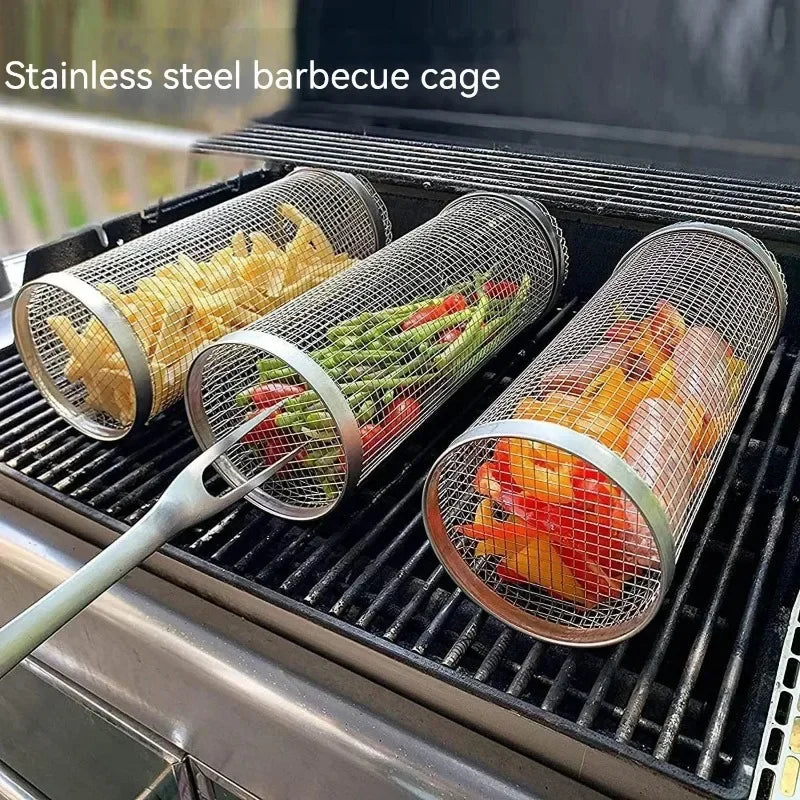 Barbecue Basket Grill Tools Bar Cookware Bbq Camping Barbecue Kitchen Utensils Rolling Stainless Steel Outdoor Wire Mesh Round