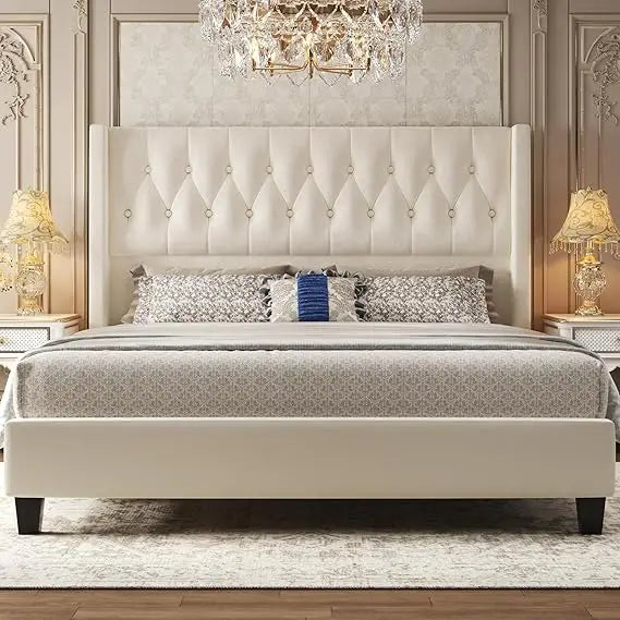 HISOFT Queen Bed Frame, Velvet Upholstered Queen Platform Bed with 48.8" Tall Wingback Headboard, Button Tufted, No Box Spring N