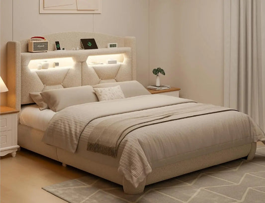 Full Size Boucle Bed Frame with Storage Headboard, LED Bed Frames with Type-C USB Charging Station, Upholstered Modern