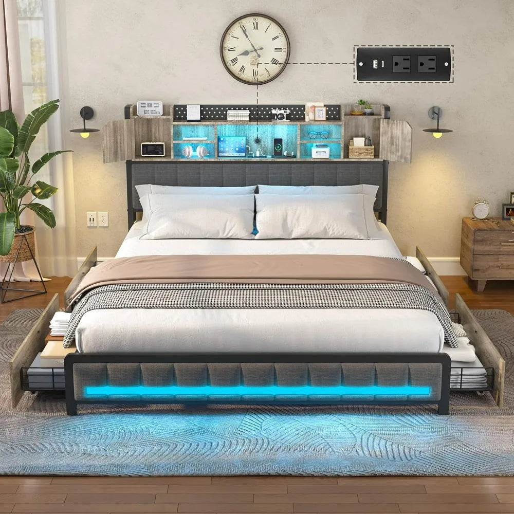 Full Bed Frame with 4 Storage Drawers and Bookcase Headboard, USB Charging Station & LED Lights, Upholstered Bed Full Size