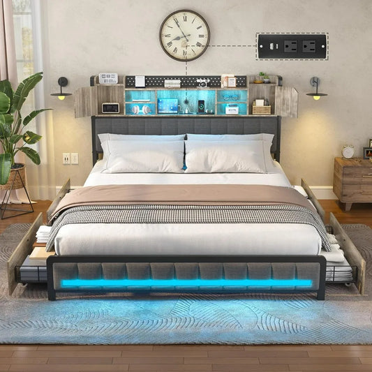 Full Bed Frame with 4 Storage Drawers and Bookcase Headboard, USB Charging Station & LED Lights, Upholstered Bed Full Size