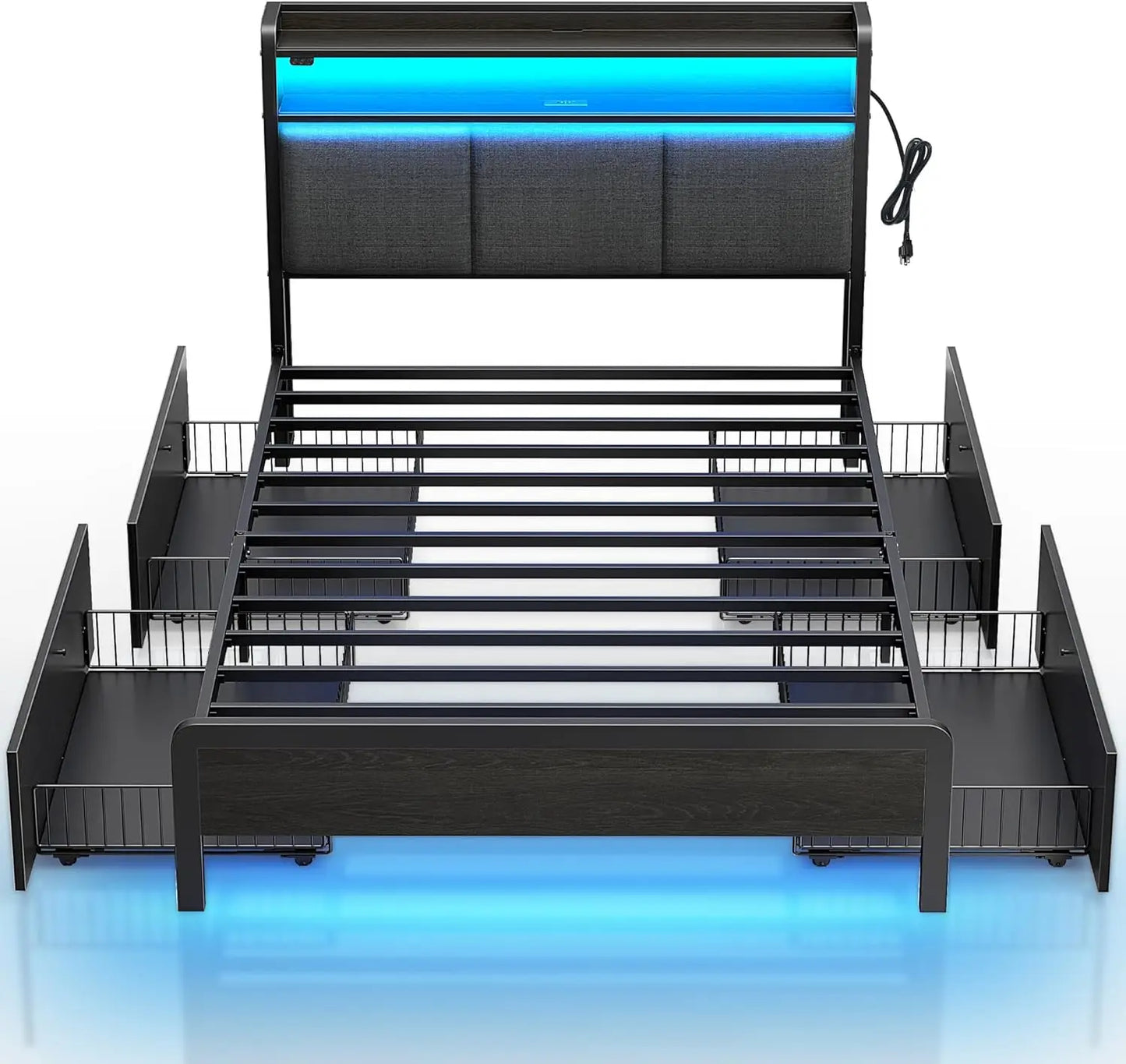 Bed Frame with Charging Station and LED Lights, Upholstered Storage Headboard with Drawers, Heavy Duty Metal Slats