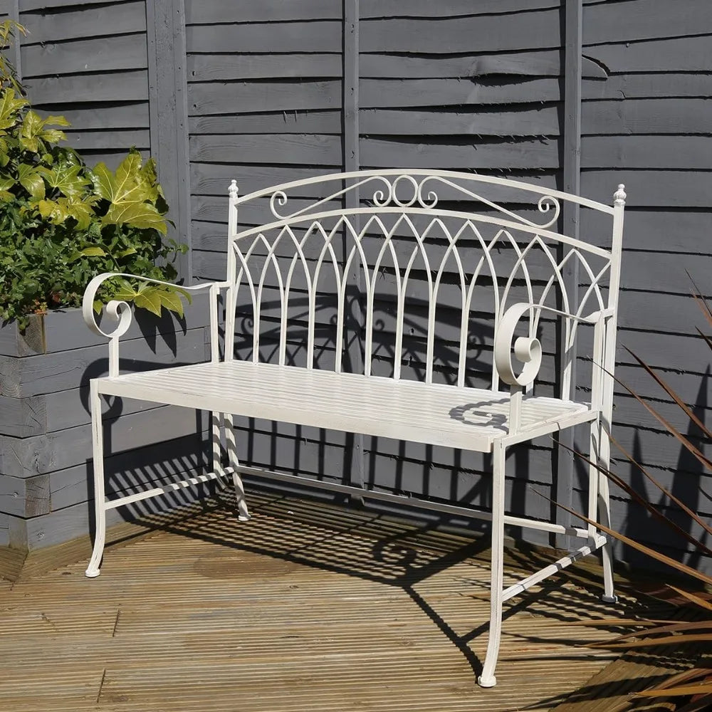 2 Seater Wrought Iron Bench Metal Outdoor Garden Patio Seat In Antique White