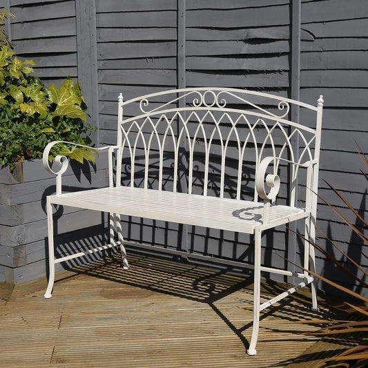 2 Seater Wrought Iron Bench Metal Outdoor Garden Patio Seat In Antique White