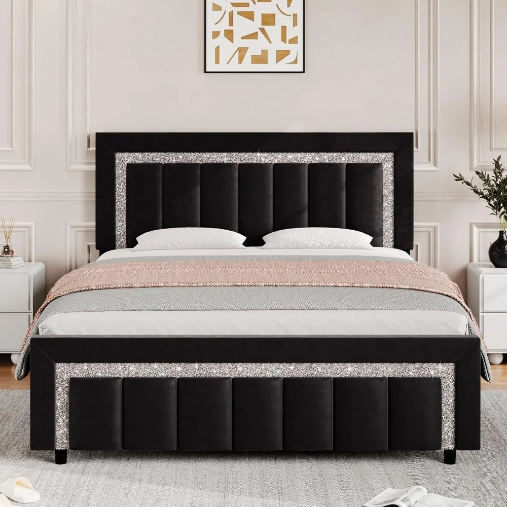 HOMBCK Full Size Bed Frame, Black Velvet Upholstered Bed Frame with Diamond Tufted Headboard and Footboard, Vertical Channel Tuf