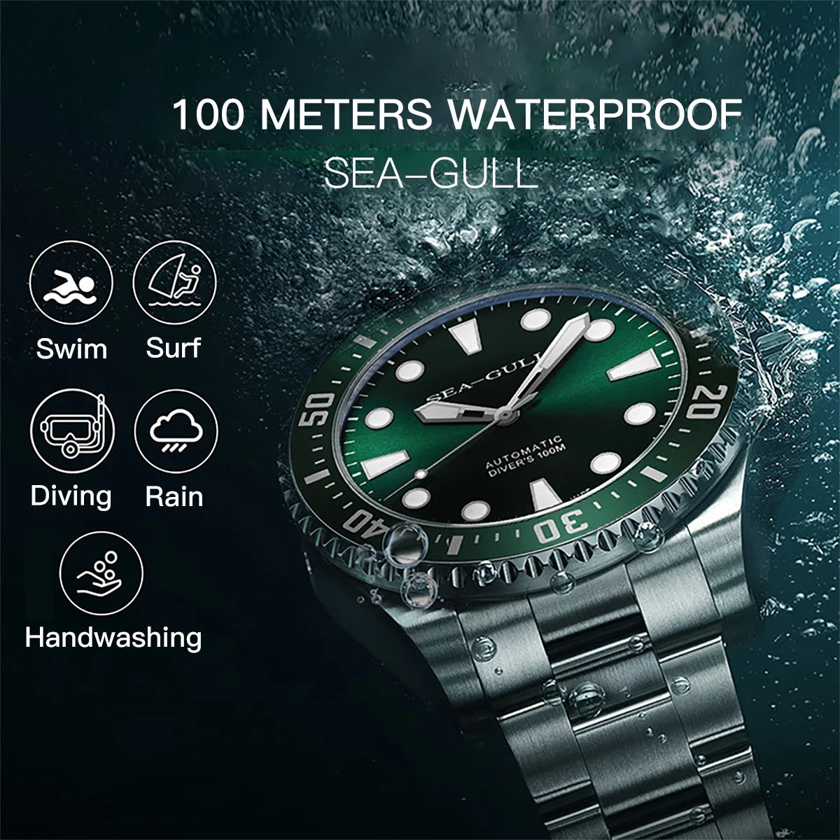 Seagull Men Automatic Mechanical Watch 100m Diving Waterproof for swimming Watches Sapphire Crystal Luminous Calendar montre hom