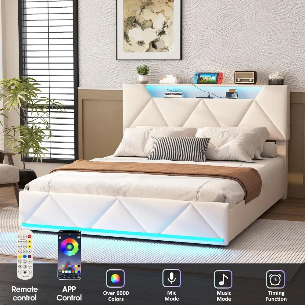 Full Bed Frame with Storage Headboard and 4 Drawers,Upholstered Platform Charging Station and Led Lights,Adjustable Headboard