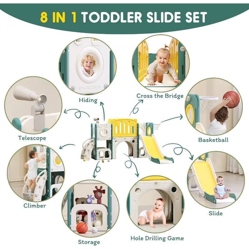 8 in 1 Toddler Slide Set, Kids Slide for Toddlers, Toddler Climber Slide PlaySet with Basketball Hoop,Outdoor Indoor Playground
