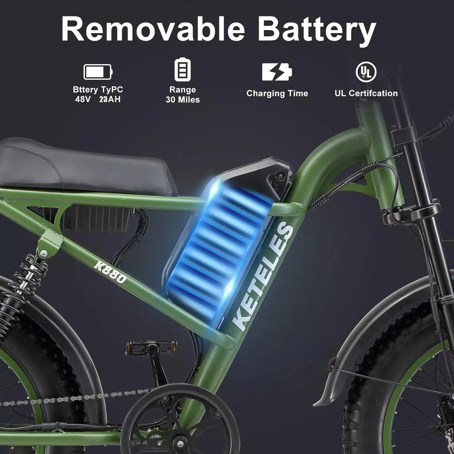 Keteles K880 20'' Electric motorcycle, 1000W/2000W motor, 48V 17.5AH/23AH battery, 20*4.0 tires, hydraulic Disc brakes.