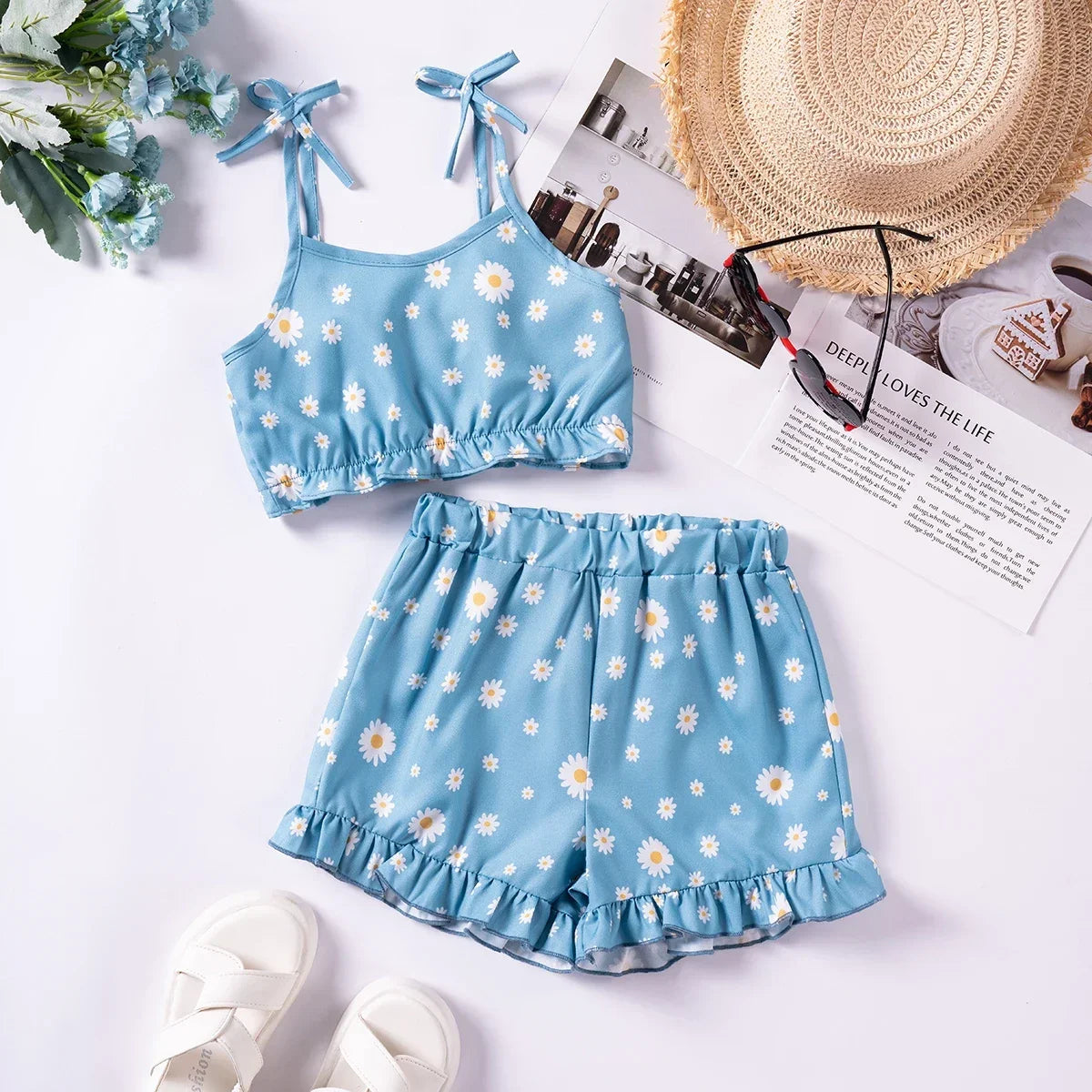 Toddler Girls Tank Top + Shorts Set Summer Floral Print 2pcs Two Colours Available for Birthday Party or Beachwear