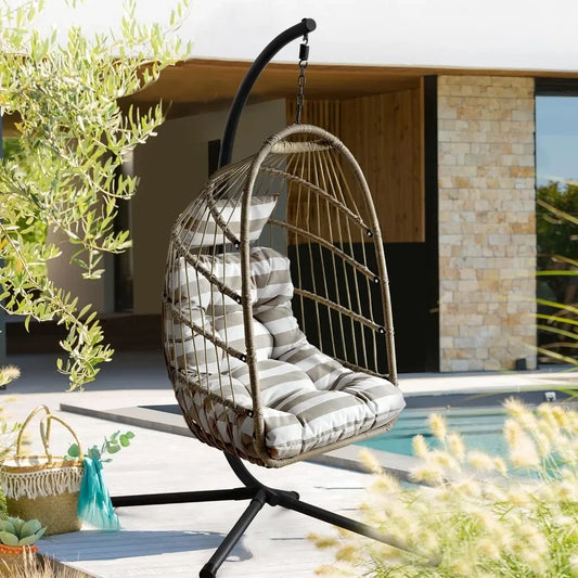 Egg Chair, Rattan Hanging with Cushion, Foldable Garden Patio Hammock Chair with Stand & Adjustable Height, Egg Chair