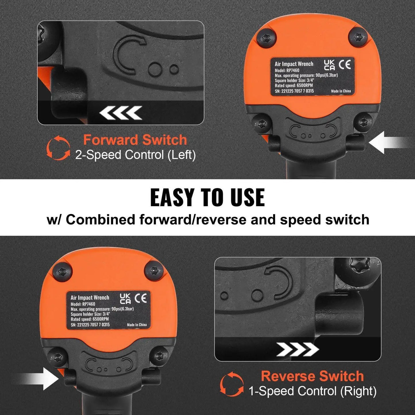 Heavy Duty 3/4in Air Impact Wrench 1870ft-lb Output 6.7lb Light 90-120PSI 3-Position Control Twin Hammer Alloy Steel