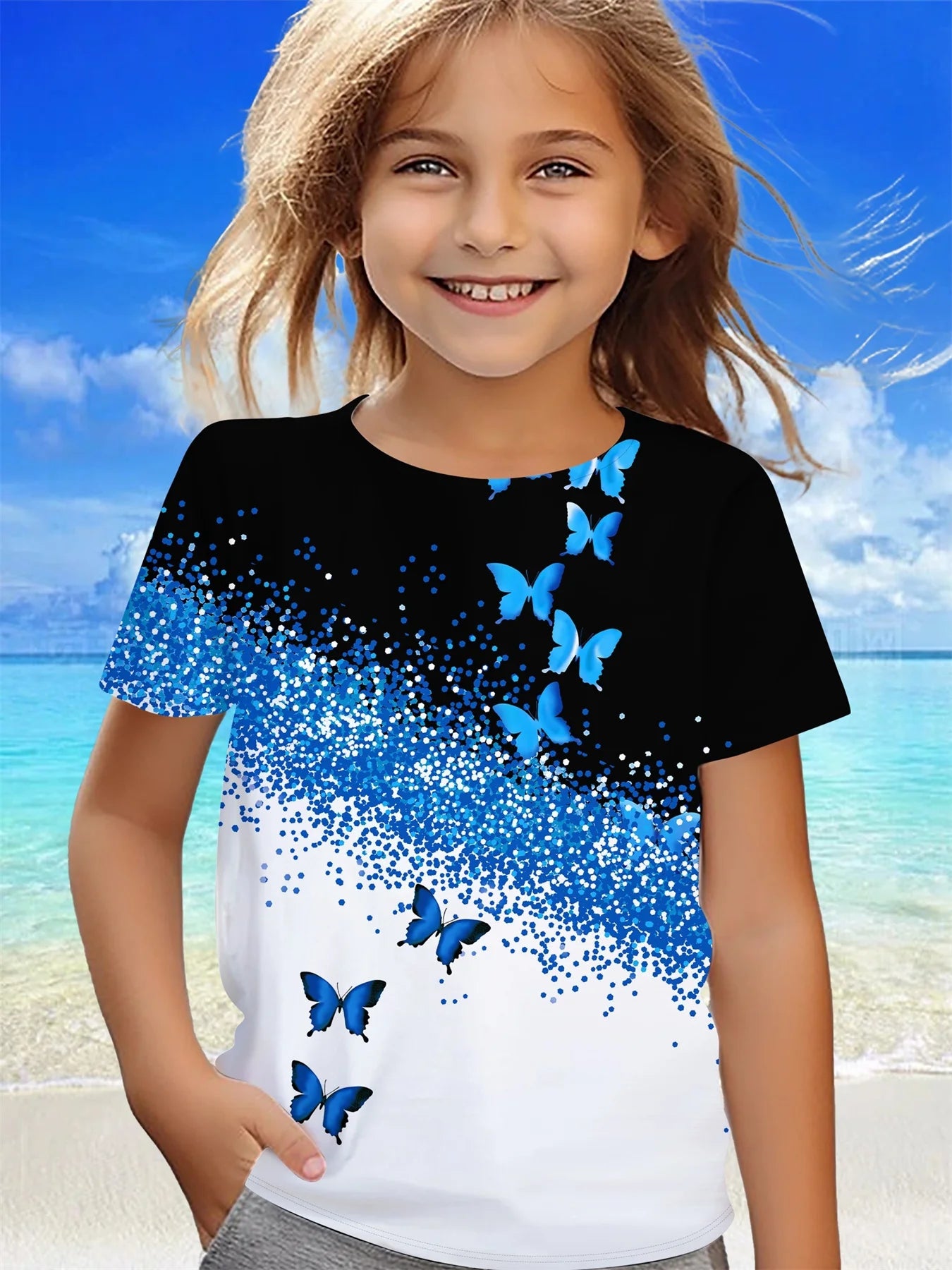 Children's Clothing Girl Clothes Short Sleeve Girl T-Shirt Prety Butterfly Print Kawaii Round Neck Girl Top Kids Summer Clothes