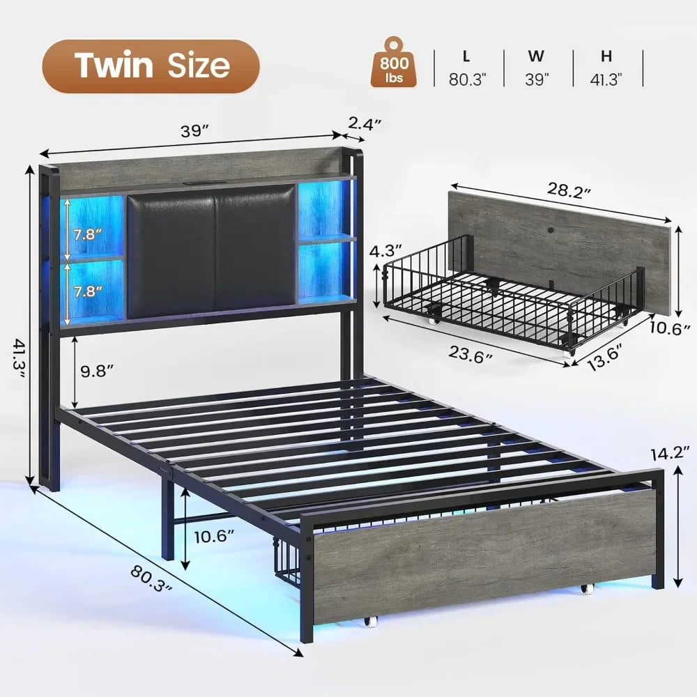 Twin Bed Frames with Headboard and 2 Storage Drawers, Twin Bed Frame with Charging Station and Led Lights