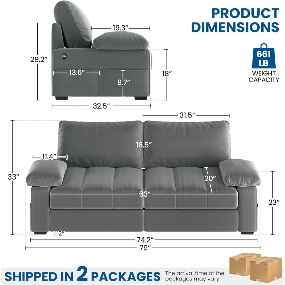 79" Velvet Modern Sofa Couch with Storage Pockets and USB Ports, 2 Seater with Removable Armrest Pillow & Cover for Living Room