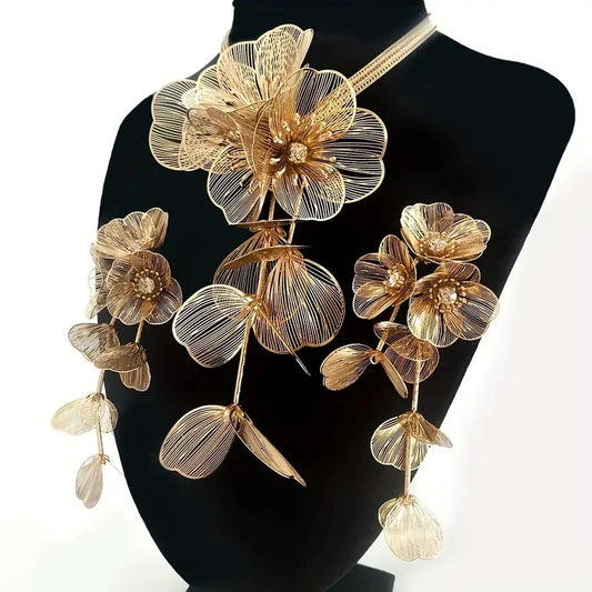 Handcrafted Floral Jewelry Set with Sparkling Rhinestones - Elegant Necklace and Earrings, Ideal for Parties and Night Clubs