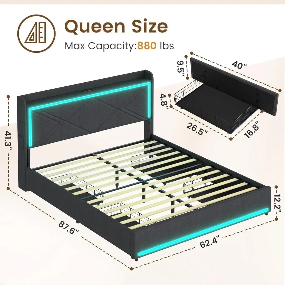 Queen Bed Frame with RGB LED Lights Headboard & USB-C/A Charging Station, Upholstered Platform Bed with Storage Drawers