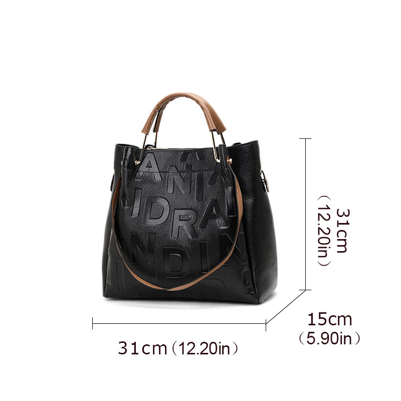 High end black women's handbag with large capacity made of high-quality cowhide and printed with letters