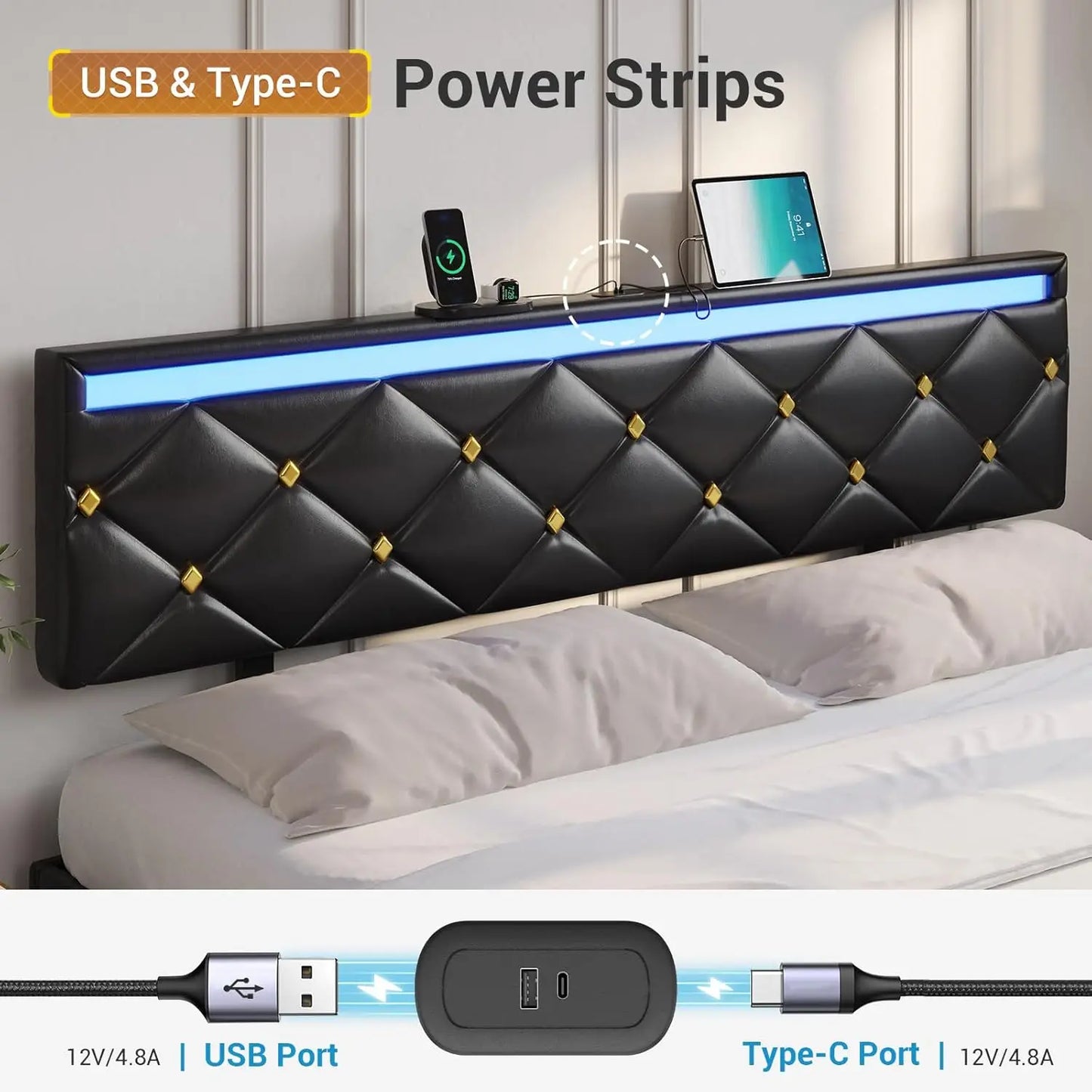 Floating Bed Frame King Size with LED Lights and Charging Station, Modern King Platform Bed with Vegan Leather Upholstered