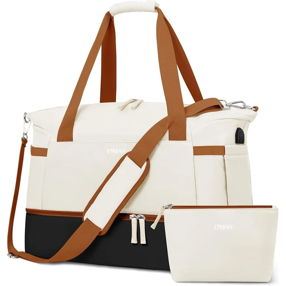 Women’s Gym Duffel Bag with Shoe Compartment USB Port Wet Pocket Travel Overnight Weekender Multi-functional Sports Bag