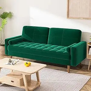 3 Seater Sofa Couch, 68 Inch Velvet Loveseat Sofa with Tufted Seat Cushion and Bolster, Mid Century Modern Couch with Solid Wood