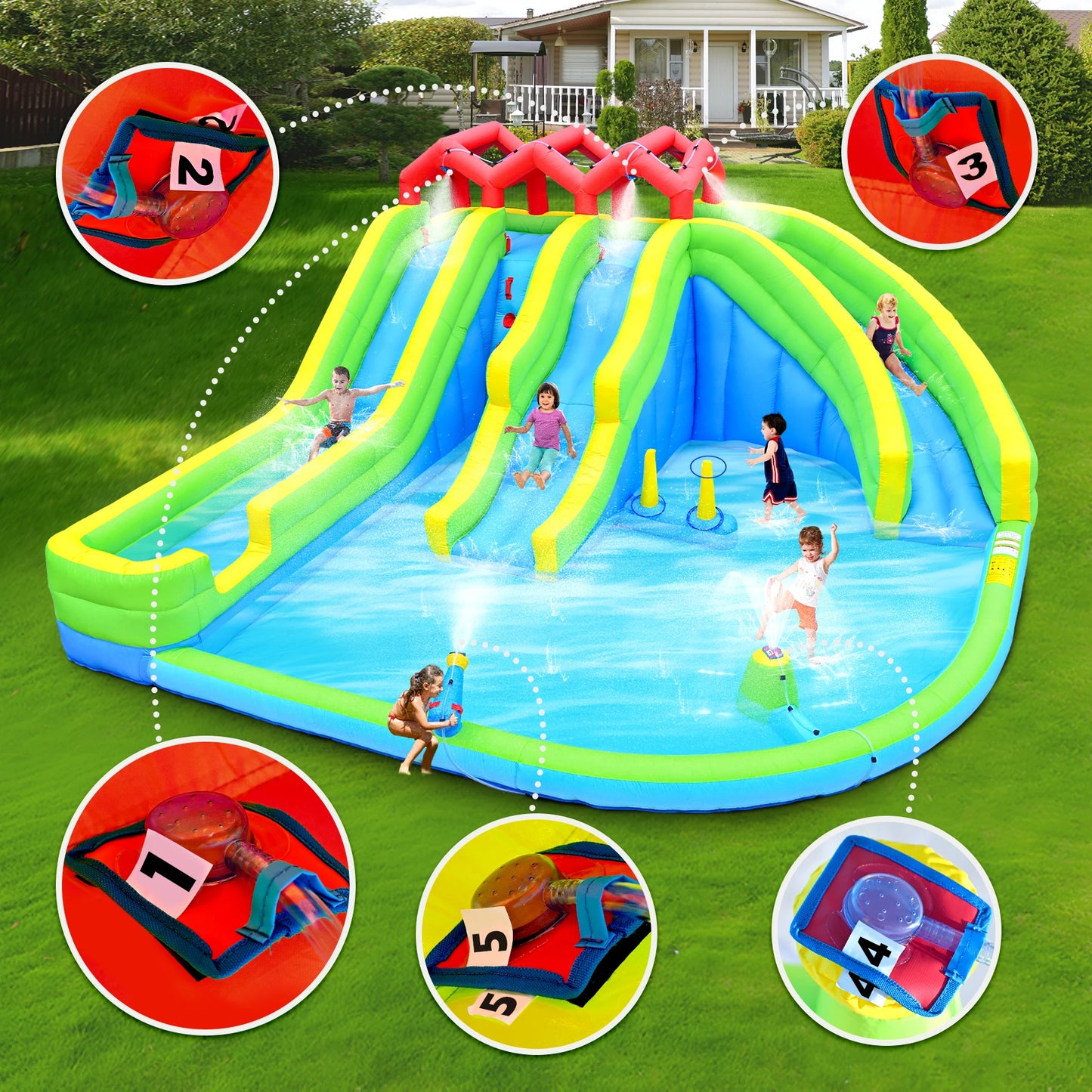 Inflatable Slide Water Park Trampoline Bouncing House Outdoor Garden For Endless Fun to Kids with Blower and Toys