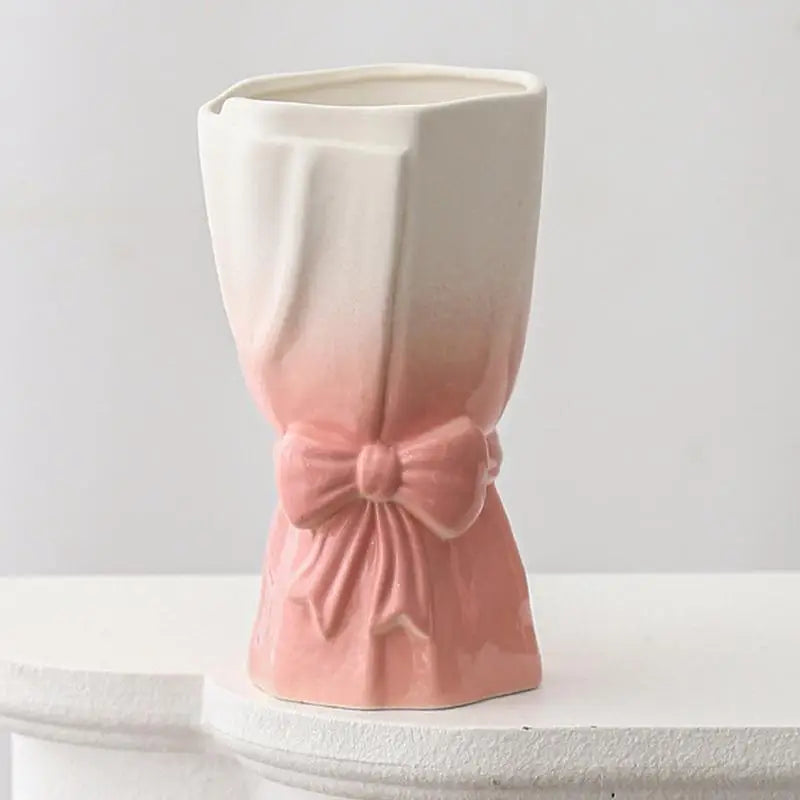 Ceramic Flower Bow Vase Bouquet Vase Plants Pot Dried Flowers Branches Vase Plants Basket Nordic White pink Ceramic Vase