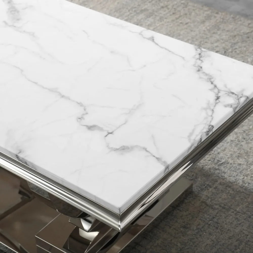 Modern Marble Coffee Table,Rectangular White and Silver with U-Shape Stainless Steel Base with Silver Mirrored Finish LivingRoom