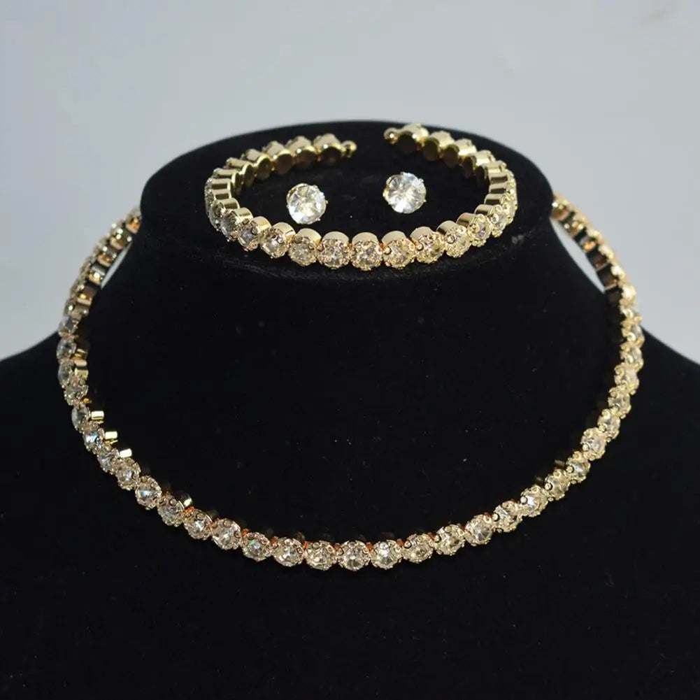 4Pcs/Set Luxury Women Necklace Jewelry Suit Electroplating High Gloss Female Shining Rhinestone Earrings Bracelet Necklace Set