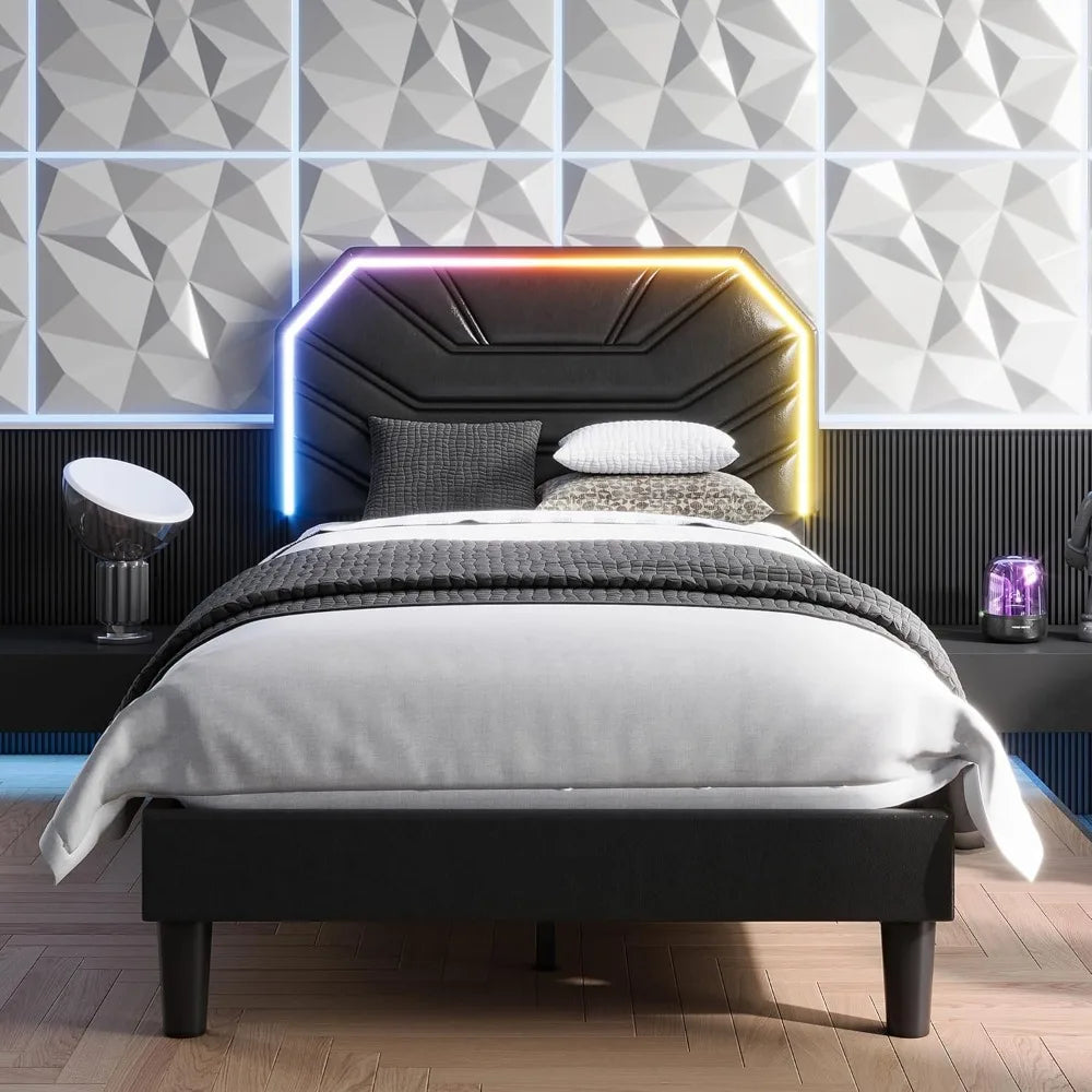 Bed Frames with Lighted Headboard,  Twin Platform Bed with Heavy Duty Supports, No Box Spring Need, Noise Free, Easy Assembly,