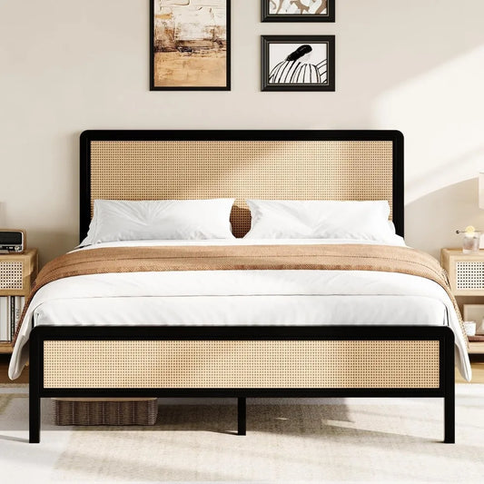 Rattan  Frame Full, Boho Frame with Headboard, Metal Platform Bed Frame, Rattan Beds Frames with Steel Slats Support