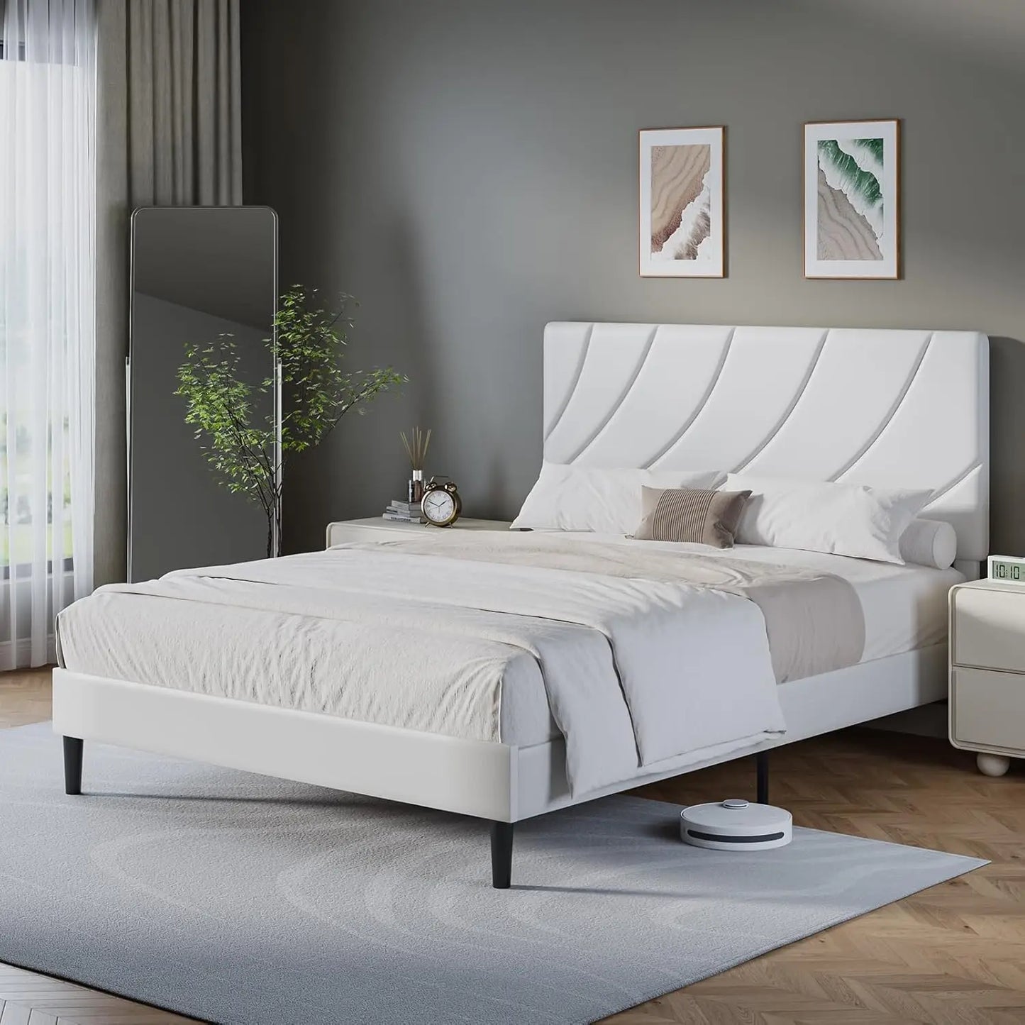 Queen Bed Frame, White Queen Upholstered Bed Frame with Shell Shaped Headboard, Wood Slats Support, PU Leather,