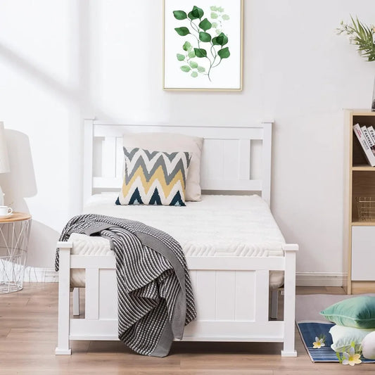 Twin Size Solid Wood Platform Bed Frame, Single Bed with Headboard,  Wood Slat Support Mattress Foundation, White