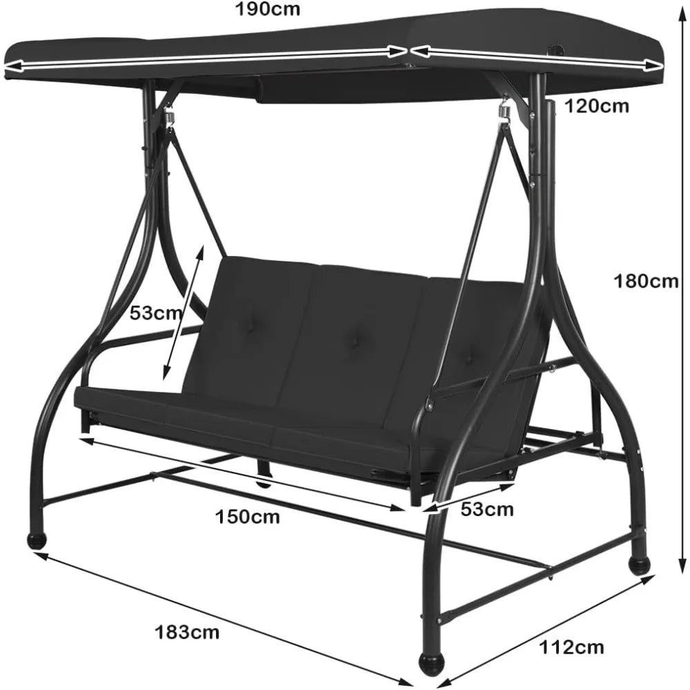Garden Swing Chair, 3 Seater with Adjustable Canopy and Cushions, Steel Frame Porch Patio Swing Seat Lounger, Patio Swing Bench