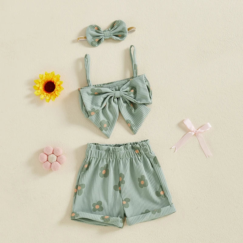 Toddler Girls 3 Piece Outfits Ruffle Sleeveless Top and Shorts Set with Headband Summer Clothes Floral Print Bow Camisole