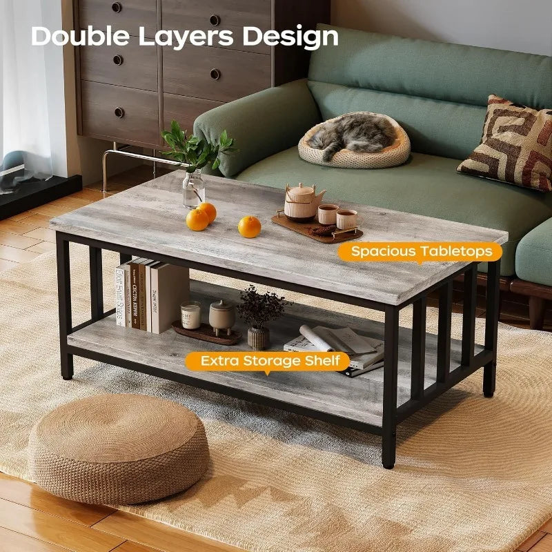 Coffee Table for Living Room with Slatted Sides Frame, Modern Farmhouse Living Room Table