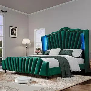 YITAHOME Queen Size Platform Bed Frame with 60" Tall Wingback Headboard and Footboard, Velvet Upholstered Bed with LED Light, So