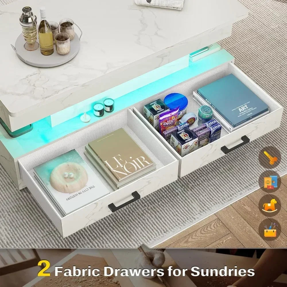 40" Lift Top Coffee Table, Coffee Tables with Storage for Living Room, Small Coffee Table with 2 Fabric Drawers & LED Lig
