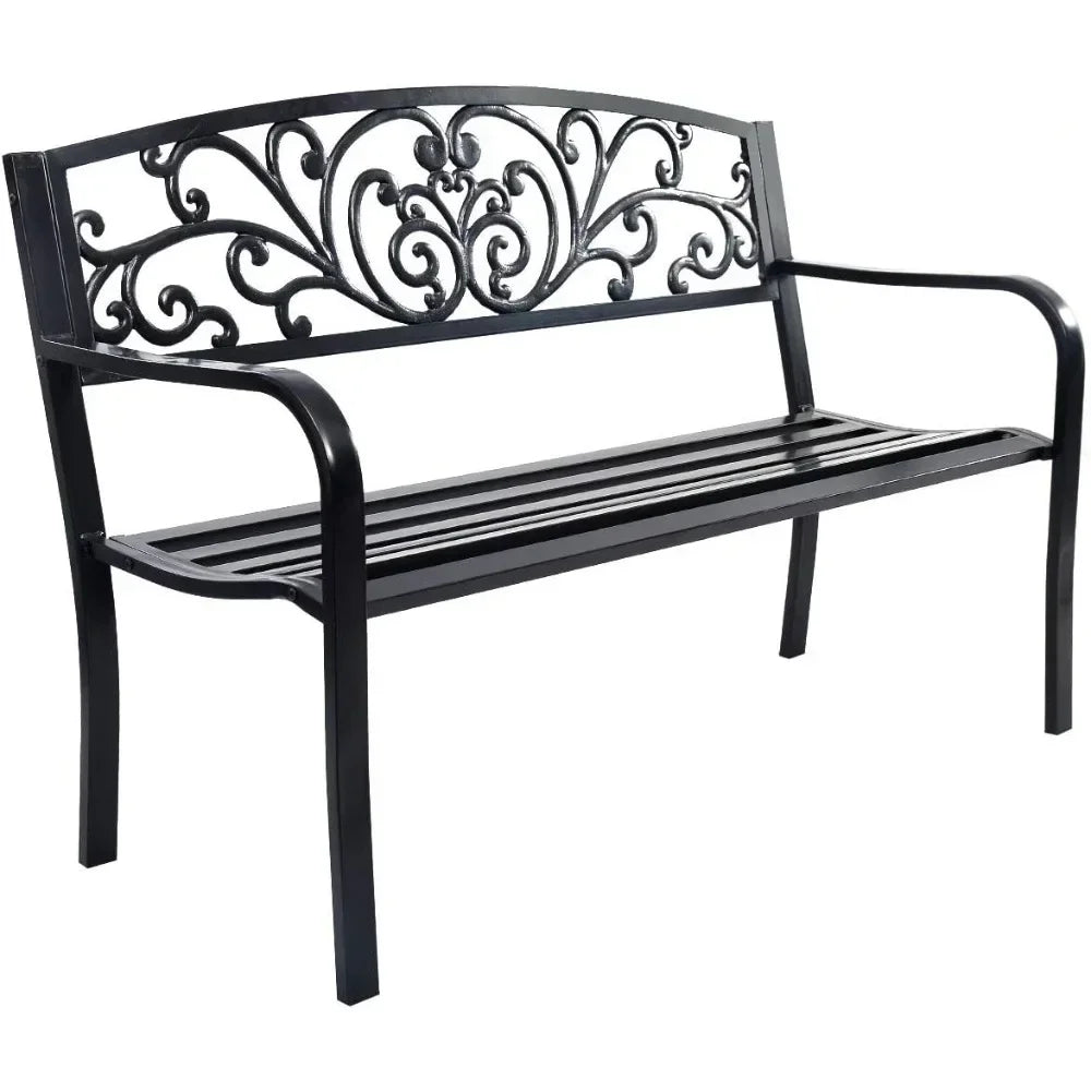 2 Seater Garden Bench, Decorative Pattern Iron Park Chair Seat, Outdoor Leisure Loveseat for Garden,  Patio,  Park,  Yard