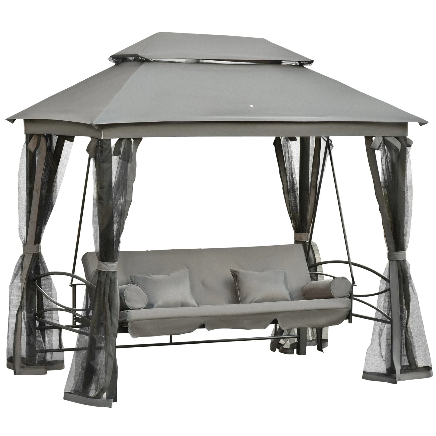 Outsunny 3 Seater Swing Chair 3-in-1 Convertible Garden Swing Seat Bed Gazebo Patio Bench Outdoor with Double Tier Canopy