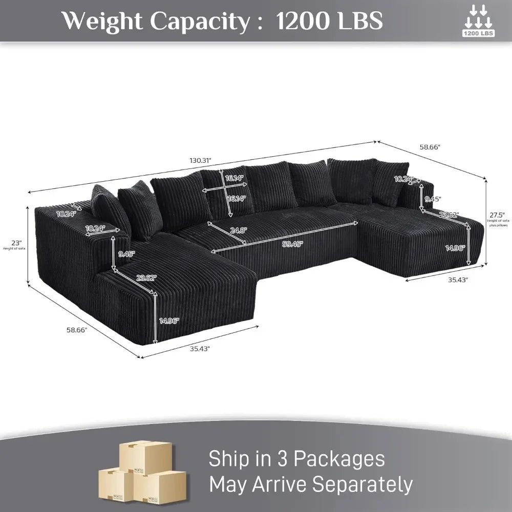 131" Modular Sectional Couch, Luxury Black Sectional Couches for Living Room, Comfy Corduroy Couch Sectional Sofa