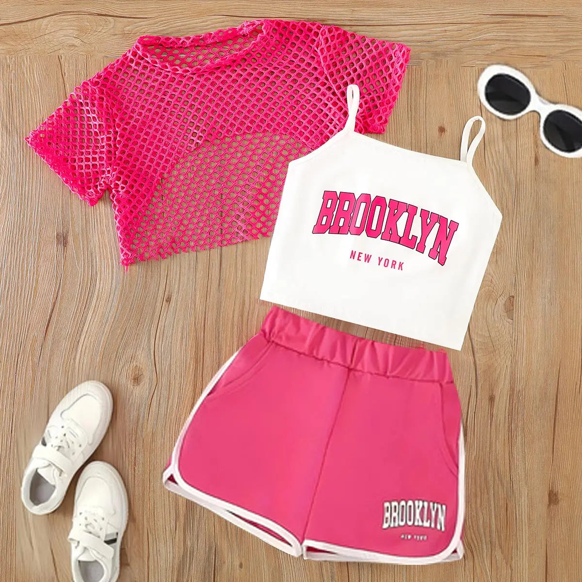 Girls Three-Piece Clothing New Breathable Summer Thin Fashion Short-Sleeved Mesh Top + Letter Printed Short Vest Suspender + Letter Printed Sports Shorts