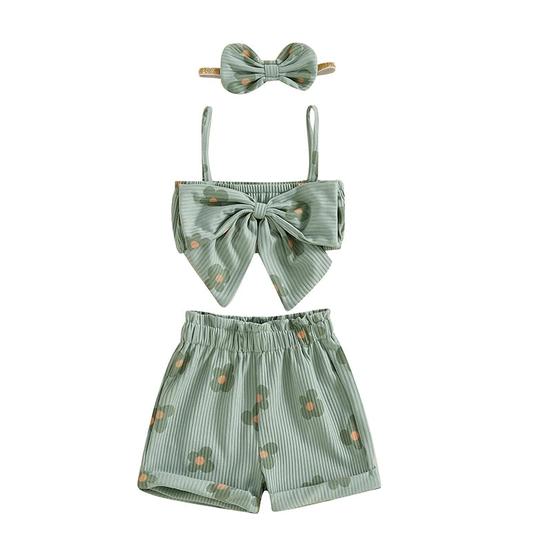 Toddler Girls 3 Piece Outfits Ruffle Sleeveless Top and Shorts Set with Headband Summer Clothes Floral Print Bow Camisole