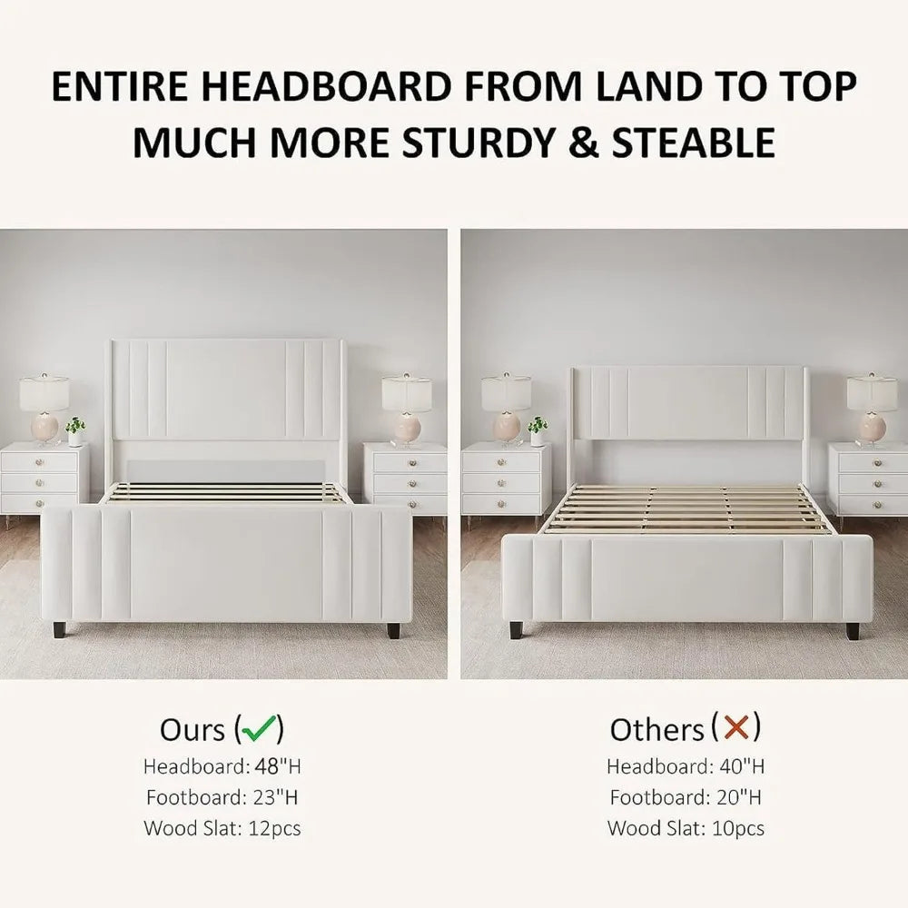 Albott Queen Size Platform Bed Frame, Upholstered Bed with Vertical Channel Tufted Wingback Headboard & Footboard, Premium Velve