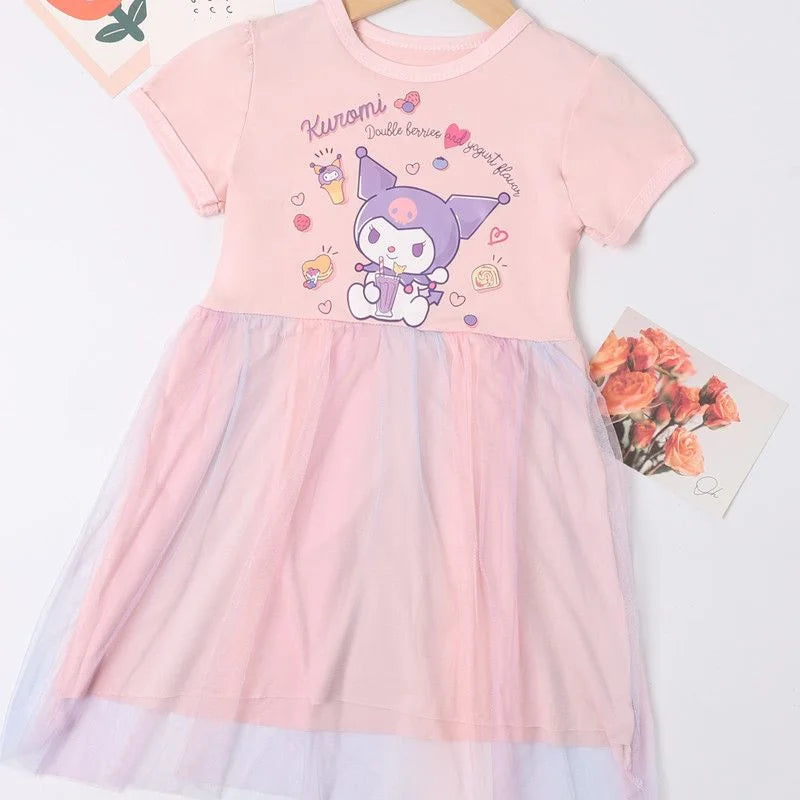 Sanrio Kuromi Girls Fashion Short Sleeve Dresses Summer Cute Cinnamoroll Melody Print Princess Dress Kids Birthday Clothes