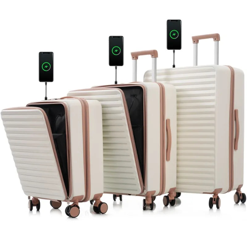 3 Piece Sets20"24"28", Hard Shell Luggage Carry on Luggage Set with TSA Lock , Usb, Universal Wheel,cup Holder Rolling Luggage