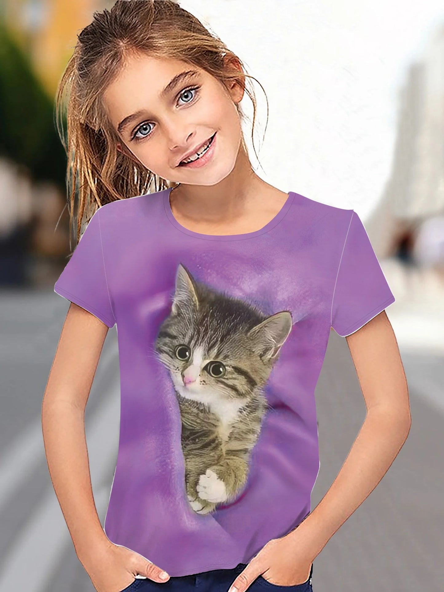 T-Shirt for Girls Cute Kitten Girls Clothes Kids T-Shirt Summer Short Sleeve Children Outdoor Sports Tops T-Shirt for Girls