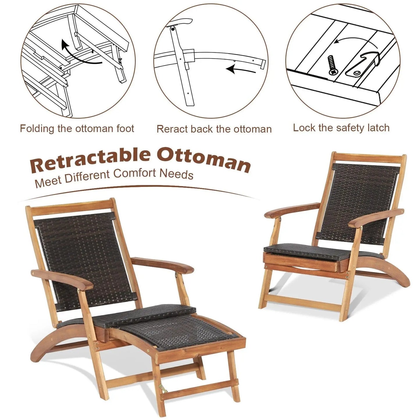 GOFLAME Folding Patio Rattan Sun Lounge Chair Table Set Wicker Table Acacia Wood Chair