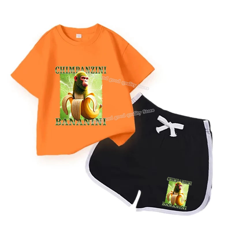 2Pcs Italian Brainrot Summer Children's Casual Set for Boys Girls Loose Short Sleeved  Breathable and Comfortable Set Tracksuits