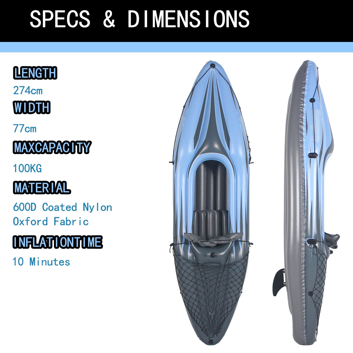 Inflatable Blue Kayak Fishing Boat 1 Person Adult Canoe, with Paddles, Bag, Seats, High-Output Pump, Fin, for Lakes & Rivers